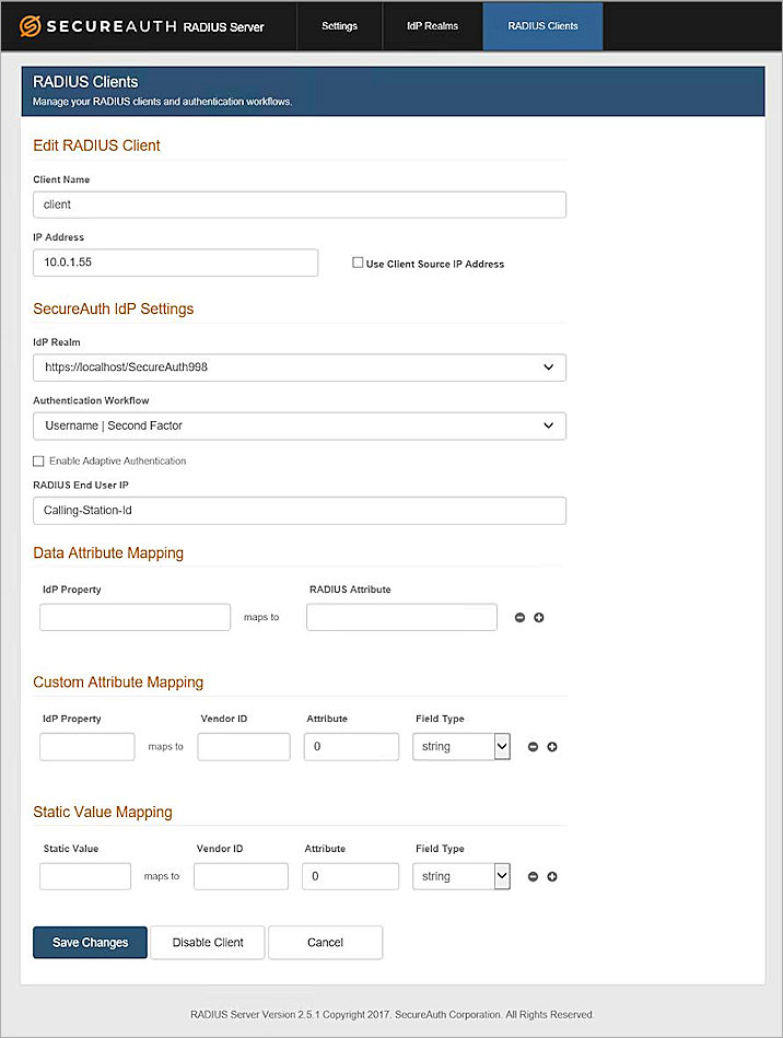 Screenshot of the SecureAuth RADIUS Clients, Add RADIUS Client dialog box
